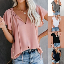 Simple Style Lotus Sleeve V-neck Solid Color Loose Top