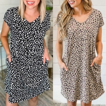 Fashion Short Sleeve V-neck Leopard Printed Loose Dress