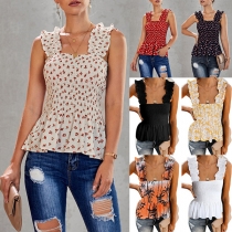 Sexy Backless Square Collar Elastic Waist Slim Fit Printed Sling Top