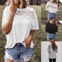 Fashion Solid Color Half Sleeve Round Neck Lace Spliced Loose T-shirt
