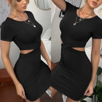 Sexy Hollow Out High Waist Short Sleeve Round Neck Solid Color Tight Dress