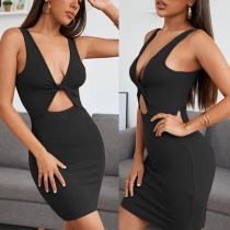 Sexy Twisted Deep V-neck Sleeveless Hollow Out Tight Dress