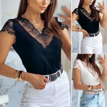 Sexy Lace Spliced Short Sleeve V-neck Solid Color Top