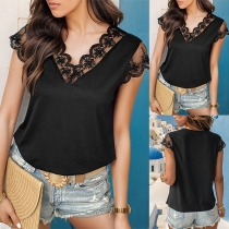Sexy Lace Spliced Short Sleeve V-neck Solid Color Top