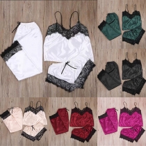Sexy Lace Spliced Sling Top + Shorts + Pants Nightwear Three-piece Set