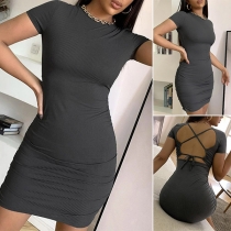 Sexy Backless Short Sleeve Round Neck Solid Color Slim Fit Dress