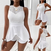 Sexy Lace Spliced Sleeveless Round Neck High Waist Solid Color Romper