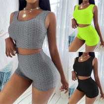 Fashion Solid Color Sleeveless Sports Crop Top + Shorts Two-piece Set