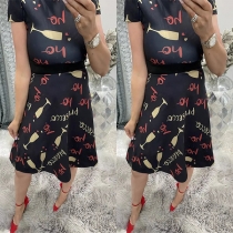 Chic Style Short Sleeve Round Neck High Waist Letters Wine Glass Printed Dress