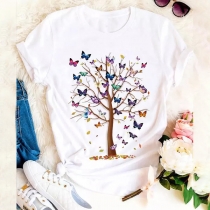 Casual Style Short Sleeve Round Neck Butterfly Tree Printed T-shirt