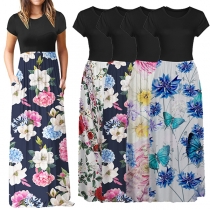 Fashion Contrast Color Printed Short Sleeve Round Neck High Waist Maxi Dress