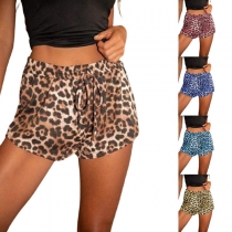 Casual Style Elastic Drawstring Waist Leopard Printed Shorts