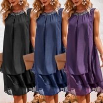 Casual Style Sleeveless Round Neck Solid Color Loose Chiffon Dress