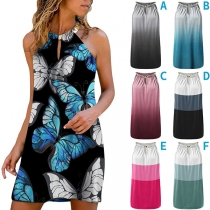 Sexy Off-shoulder Contrast Color Printed Halter Dress