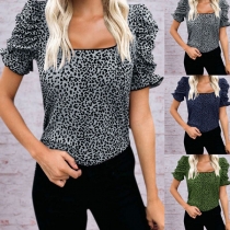 Fashion Ruffle Short Sleeve Square Collar Leopard Printed T-shirt