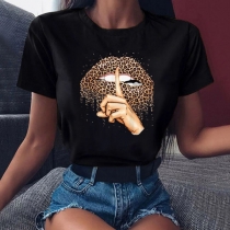Casual Style Leopard Lips Pattern Short Sleeve Round Neck Loose T-shirt