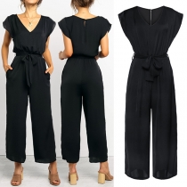 Sexy V-neck Short Sleeve High Waist Solid Color Jumpsuit