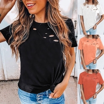 Casual Style Short Sleeve Round Neck Solid Color Ripped T-shirt