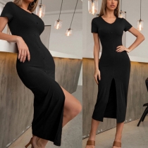 Elegant Solid Color Short Sleeve V-neck Slit Hem Slim Fit Dress