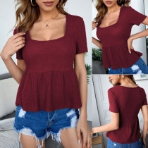 Fashion Solid Color Short Sleeve Square Collar Ruffle Hem Top