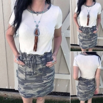 Fashion Camouflage Printed Short Sleeve Round Neck Drawstring Waist Dress