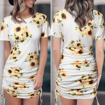 Fashion Short Sleeve Round Neck Side-drawstring Sunflower Printed Dress