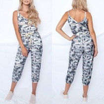 Sexy Backless V-neck High Waist Camouflage Printed Sling Jumpsuit