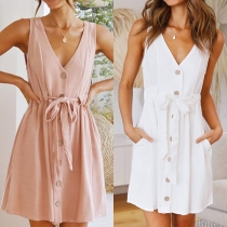 Fashion Solid Color Sleeveless V-neck Single-breasted Lace-up Dress