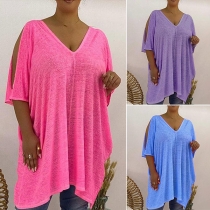 Casual Style Slit Short Sleeve V-neck Solid Color Loose T-shirt