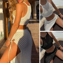 Sexy Solid Color Hollow Out Knit Crtop Top + Slit Hem Skirt Beach Set