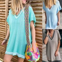 Fashion Contrast Color Dolman Sleeve V-neck loose Knit Dress