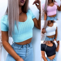 Sexy Short Sleeve Round Neck Solid Color Knit Crop Top