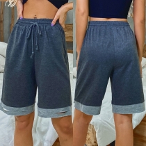 Casual Style Contrast Color Elastic Waist Knee-length Shorts
