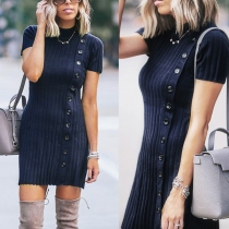Fashion Solid Color Short Sleeve Mock Neck Side-button Slim Fit Knit Dress