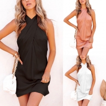 Sexy Backless Off-shoulder Solid Color Crossover Halter Dress