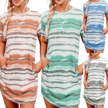 Fashion Short Sleeve Round Neck Tie-dye Printed T-shirt Dress