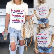 Fashion Colorful Letters Printed Short Sleeve Round Neck Casual T-shirt
