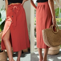 Fashion Solid Color High Waist Slit Hem Front-button Skirt