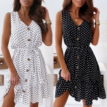 Fashion Sleeveless V-neck Ruffle Hem Single-breasted Dots Printed Dress