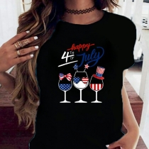 Casual Style Wine Glass Printed Short Sleeve Round Neck Loose T-shirt