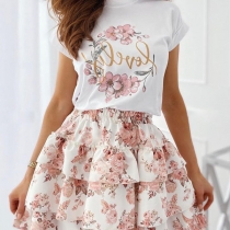 Sweet Style Short Sleeve Round Neck Printed T-shirt + Cake Skirt Two-piece Set