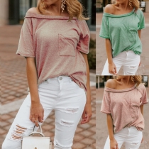 Fashion Solid Color Short Sleeve Boat Neck Loose T-shirt