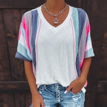 Fashion Contrast Color Stripe Half Sleeve V-neck Loose T-shirt