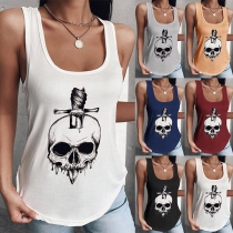 Casual Style Sleeveless U-neck Skull Head Printed Tank Top