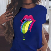 Playful Style Colorful Lip Pattern Short Sleeve Round Neck Casual T-shirt