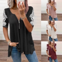 Fashion Lace Spliced Short Sleeve V-neck Loose T-shirt