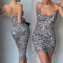 Sexy Backless Side-drawstring Serpentine Printed Slim Fit Sling Dress
