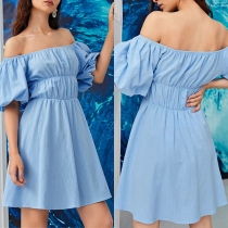 Sexy Off-shoulder Boat Neck Puff Sleeve High Waist Solid Color Dress