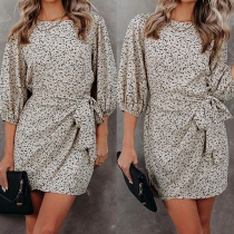 Fresh Style 3/4 Sleeve Round Neck Lace-up Printed Dress