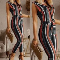 OL Style Sleeveless Notched Lapel High Waist Slim Fit Stripe Jumpsuit